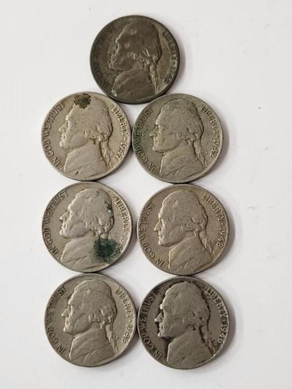 Seven 1940's Jefferson Nickels Some War Time