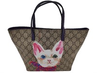 GG Beige Canvas Leather Cat Print Tote Bag