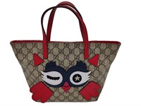 GG Beige Canvas Leather Owl Graphic Tote Bag