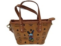 Cognac Rough Leather Bunny Print Small Tote Bag
