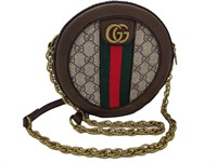 GG Beige & Brown Leather Round Clutch Bag