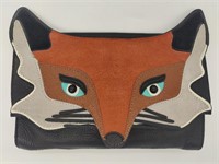 Black Pebble Leather Fox Graphic Clutch Purse