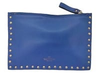 Blue Smooth Leather Gold Spike Studded Clutch Bag