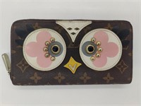 Dark Brown Leather Owl Graphic Long Wallet