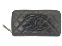 CC Black Quilted Leather Zip Around Long Wallet