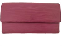 Pink Textured Leather Tri-Fold Long Wallet