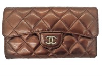 CC Shiny Brown Quilted Leather Tri-Fold Wallet