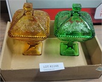 MATCHING GREEN & YELLOW GLASS LIDDED CANDY DISHES
