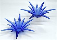 2 Blue Glass Starburst Candle Holders