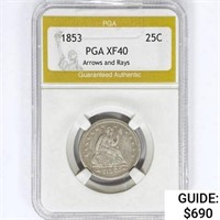 1853 Seated Liberty Quarter PGA XF40 Arrows &