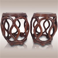 Pair Of Chinese Hardwood Carved Stools / Chinese C