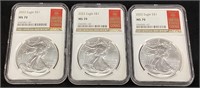 (3) 2022 SILVER AMERICAN EAGLES, GRADED MS70, NGC