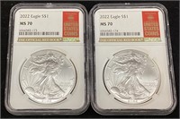 (2) 2022 SILVER AMERICAN EAGLES, GRADED MS70, NGC