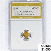 1869 CA. Octag Gold Half Dollar PGA MS64 PL