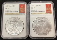 (2) 2022 SILVER AMERICAN EAGLES, GRADED MS70, NGC