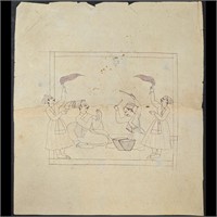 Indian Pahari Miniature Drawing Of A Ruler And Mus