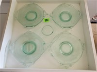 Green depression glass plates (9)