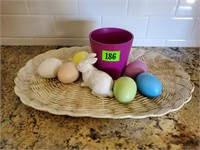 Ceramic eggs, rabbit, vase, platter