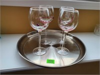 Silver tray, wine glasses (4)
