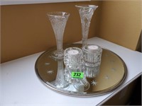 Vintage mirrored tray, crystal vases, votive