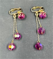 VTG Pink Glass Beaded Dangle Clip Earrings