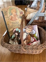 Woven Basket with Porcelain Dolls & Handkerchiefs