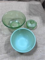 Green Glass Bowl & Fire King Jadeite Mixing Bowl &