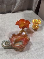 Hand Brown Vase & (2) Candy Dishes