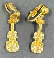 VTG Cello Guitar Rhinestone Clip Earrings
