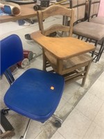 Wooden Desk & Blue Chair w/ wheels