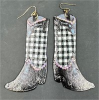 Leather Cowboy Boot Rhinestone Dangle Earrings