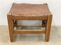 Vintage Wooden Stool with Leather Seat