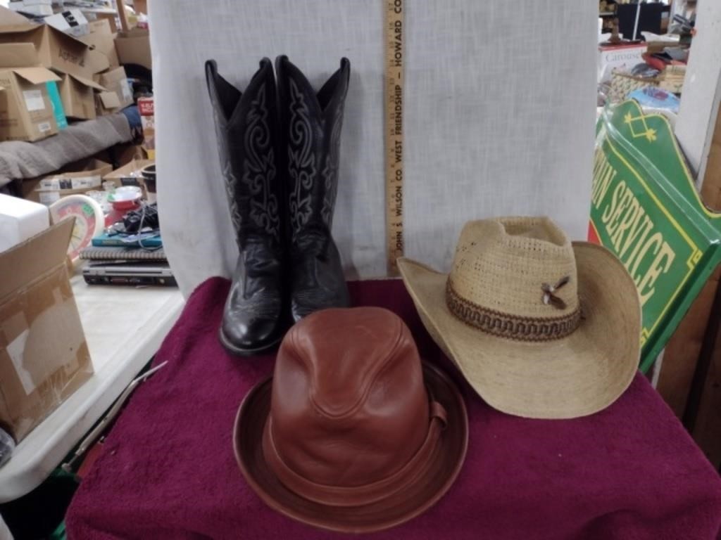 Mixed Hats & Black Cowboy Boots Lot