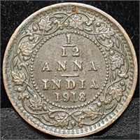 1918 British India 1/12 Anna, High Grade