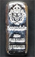 10 Troy Oz Scottsdale Mint .999+ Fine Silver Bar