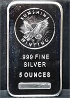 5 Troy Oz .999 Fine Silver Bar Sunshine Minting