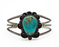 Signed Navajo Sterling Turquoise Cuff Bracelet