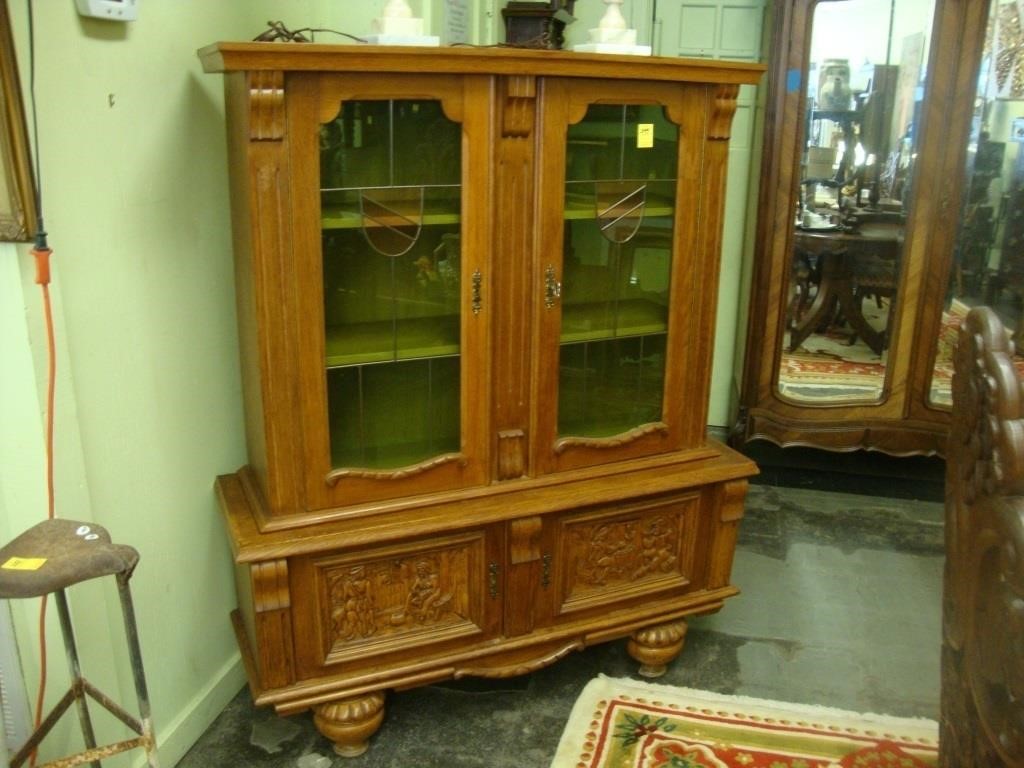 Mid century Belgian china cabinet with carved