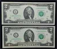 2 Sequential Gem CU Crisp 2017 A $2 Banknotes