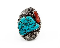 Navajo Sterling Turquoise Coral Squash Ring Sz 10
