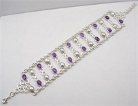 Silver 28 Ct Amethyst Fresh Water Pearl Bracelet