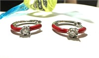 Silver .10 Ct Diamond Red Enamel Hoop Earrings