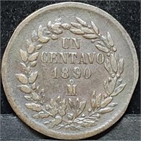1890 Mexico Un Centavo Copper Large Cent, Nice
