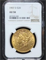 1907-D $20 Liberty Gold Double Eagle NGC AU58