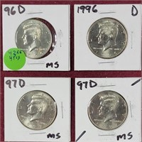 4 1990'S KENNEDY HALF DOLLARS