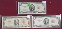 3XBID, 1953, 1953-B & 1953-C RED SEAL $2 US NOTES