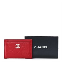 Chanel Red Lambskin Camelia Embossed Wallet