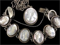 Vtg 800 Silver Carved Shell Cameo Necklace &