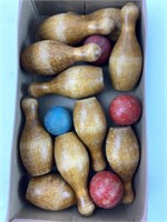 Vintage Wooden Mini Bowling Pins & Balls Set