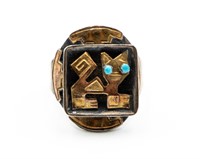 Old Peru 18k Gold Sterling Turquoise Ring Sz Adj